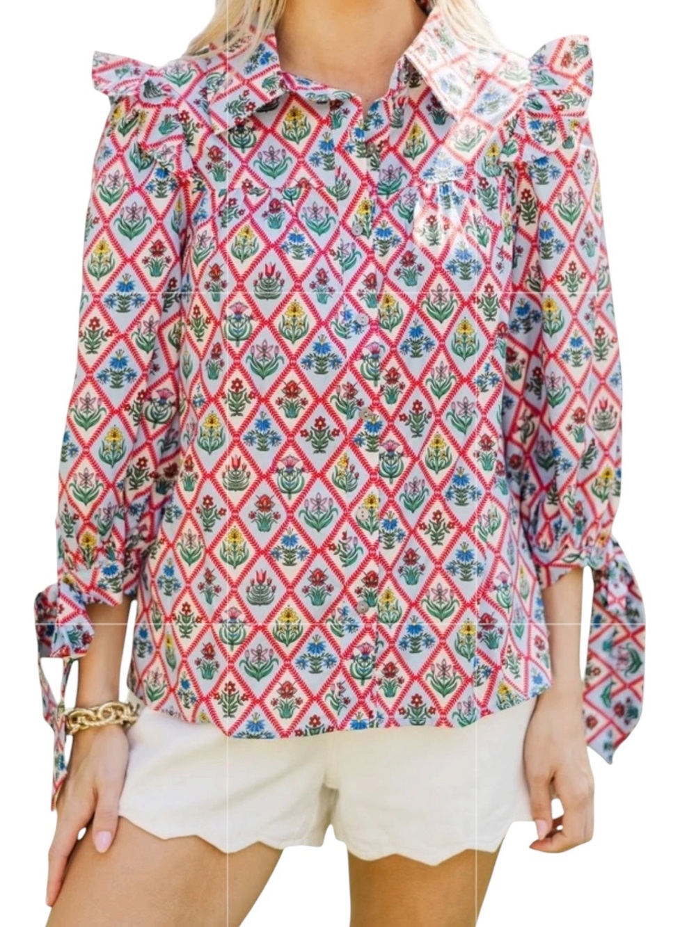 LN Entro Blue Ditsy Floral Print Tie Sleeve Ruffle Button Down Blouse - S